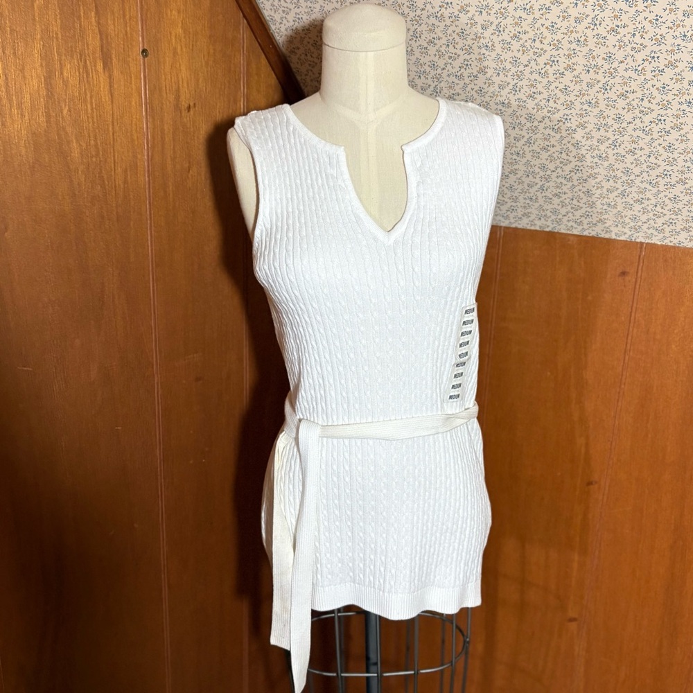 White Cable Knit Sleeveless Belted Tank Top Size M